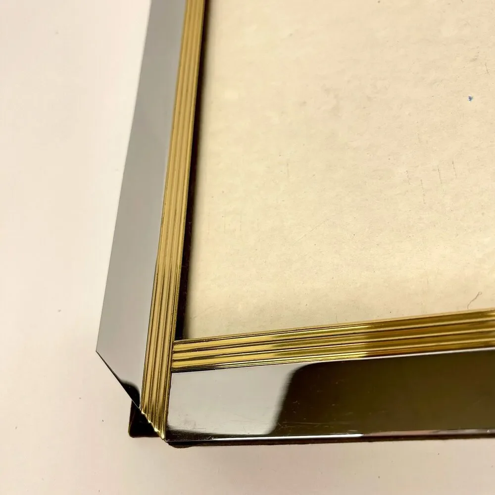 Art Deco Style Chrome & Gold Ribbed 8x10 Picture Frame Heavy Tabletop-Vintage